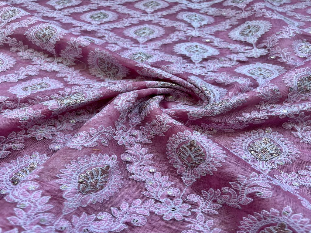 Pink Traditional Heavy Embroidered Chikankari Chanderi Fabric