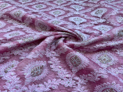 Pink Floral Heavy Embroidered Chikankari Chanderi Fabric (wholesale)