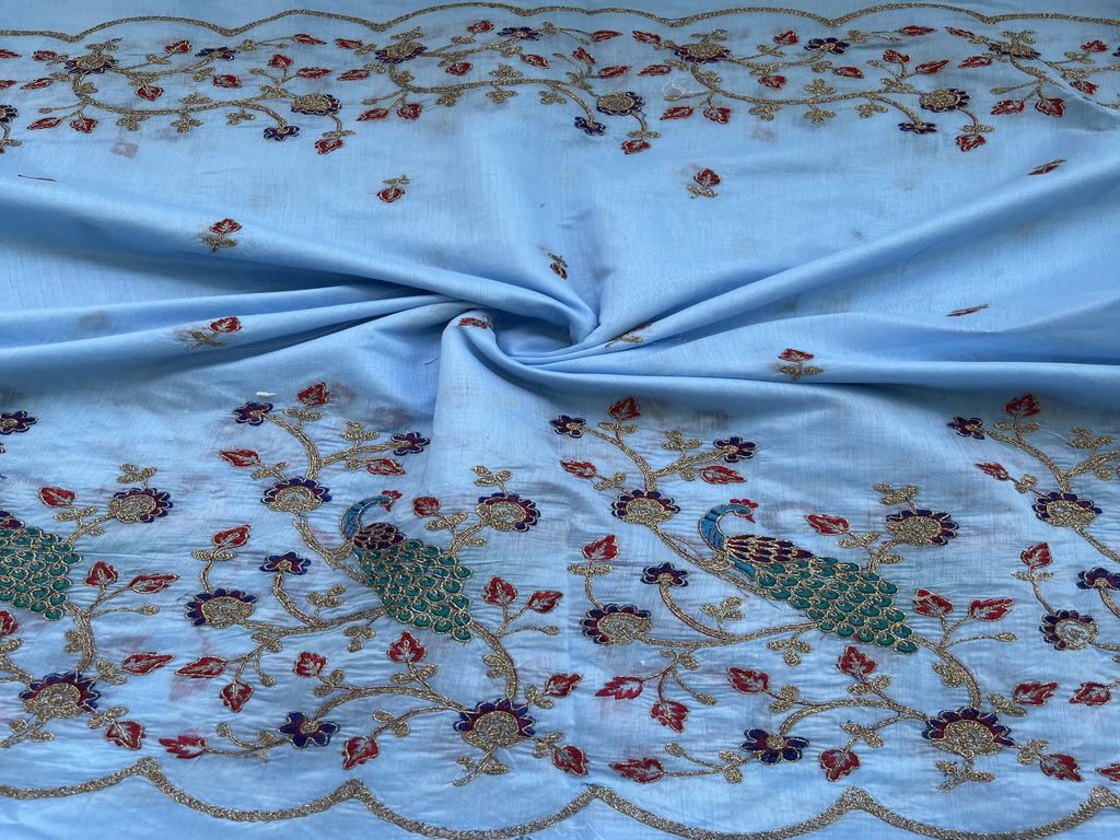 Blue Traditional Embroidered Thread & Golden Dori Chanderi Fabric