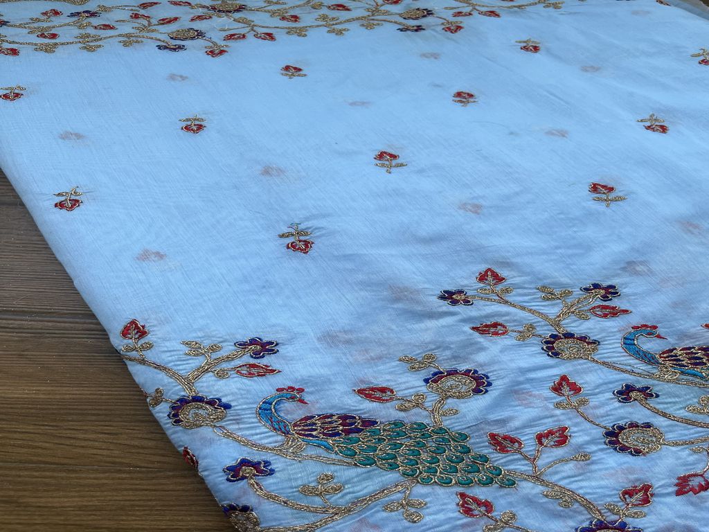 Blue Floral Embroidered Chanderi Fabric  (Wholesale)