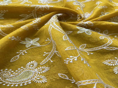 Yellow Paisley Chikankari Embroidered Chanderi Fabric