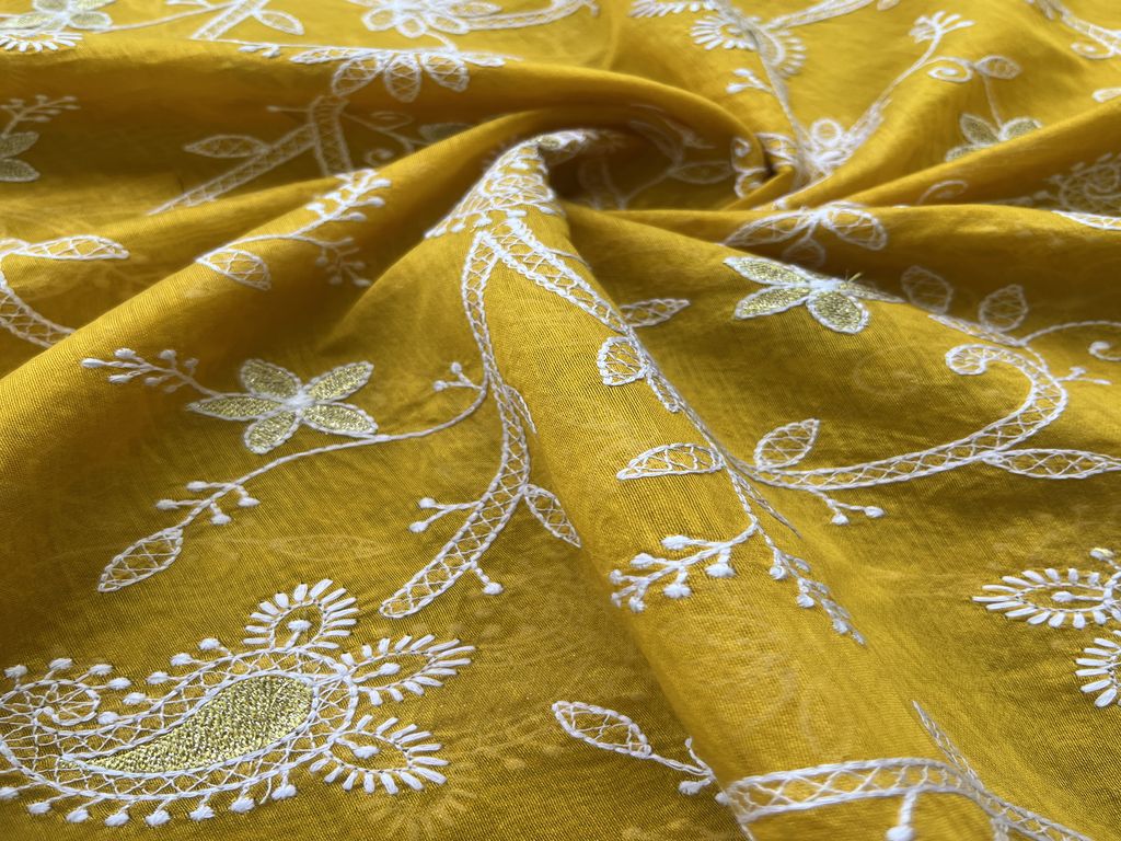 Yellow Floral Chikankari Embroidered Chanderi Fabric  (Wholesale)