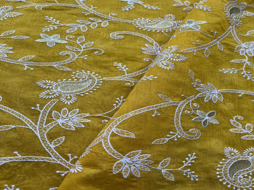 Yellow Paisley Chikankari Embroidered Chanderi Fabric