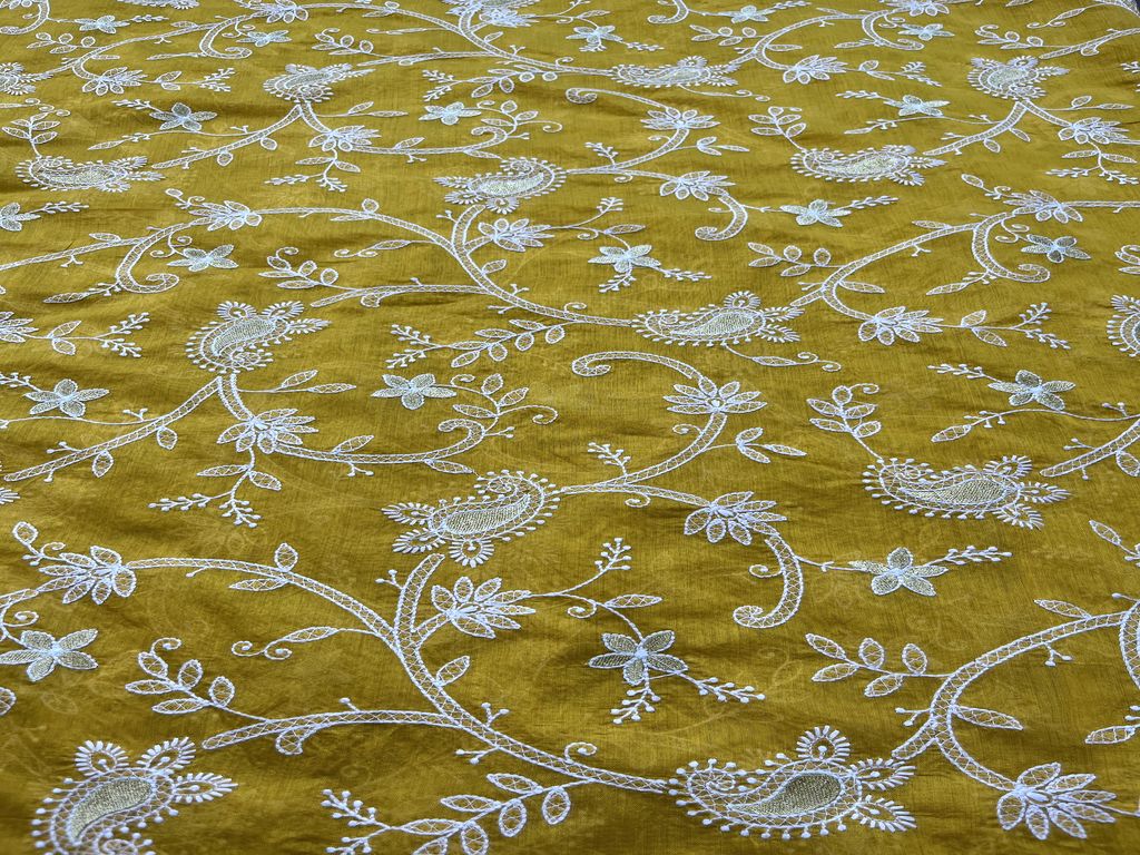 Yellow Paisley Chikankari Embroidered Chanderi Fabric