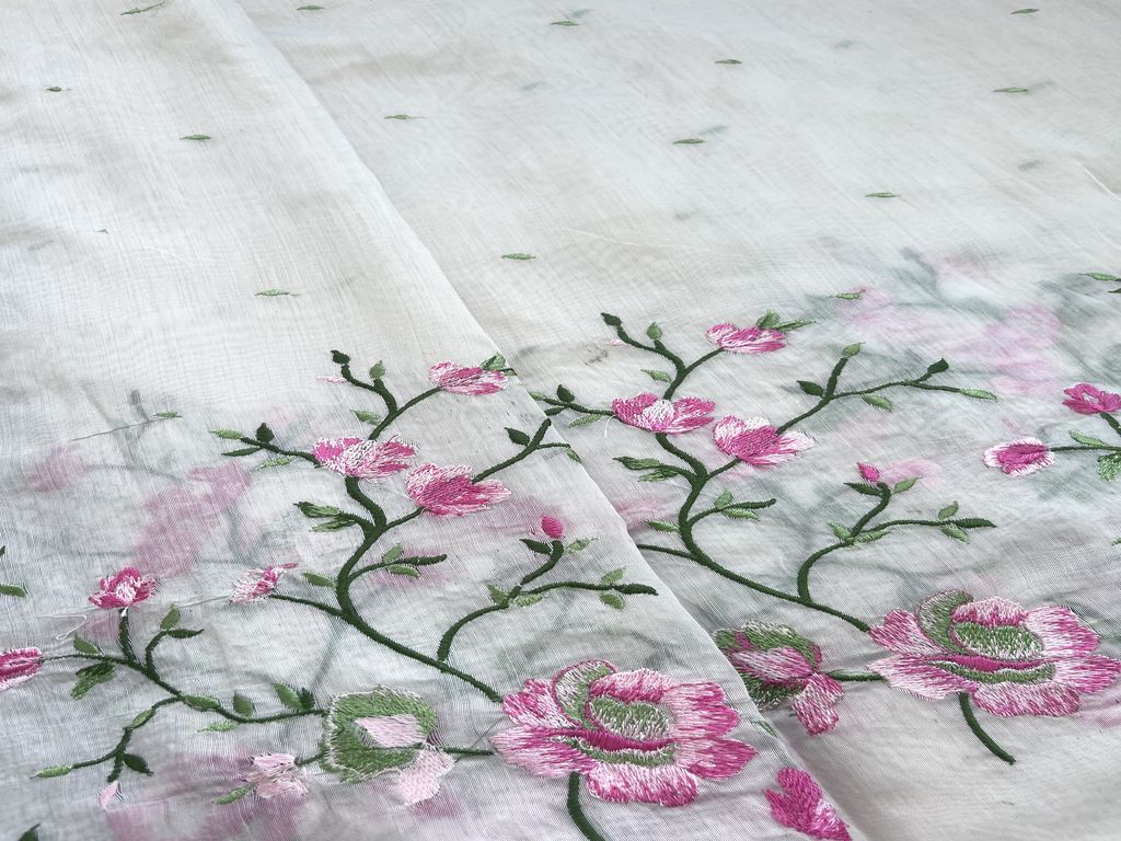 Off White Floral Embroidered Chanderi Fabric (Wholesale)