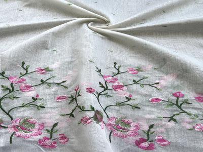 Off White Floral Embroidered Chanderi Fabric (Wholesale)