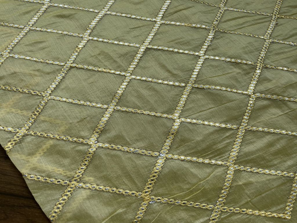 Olive Green Stripes Faux Mirror Work Embroidered Chanderi Fabric