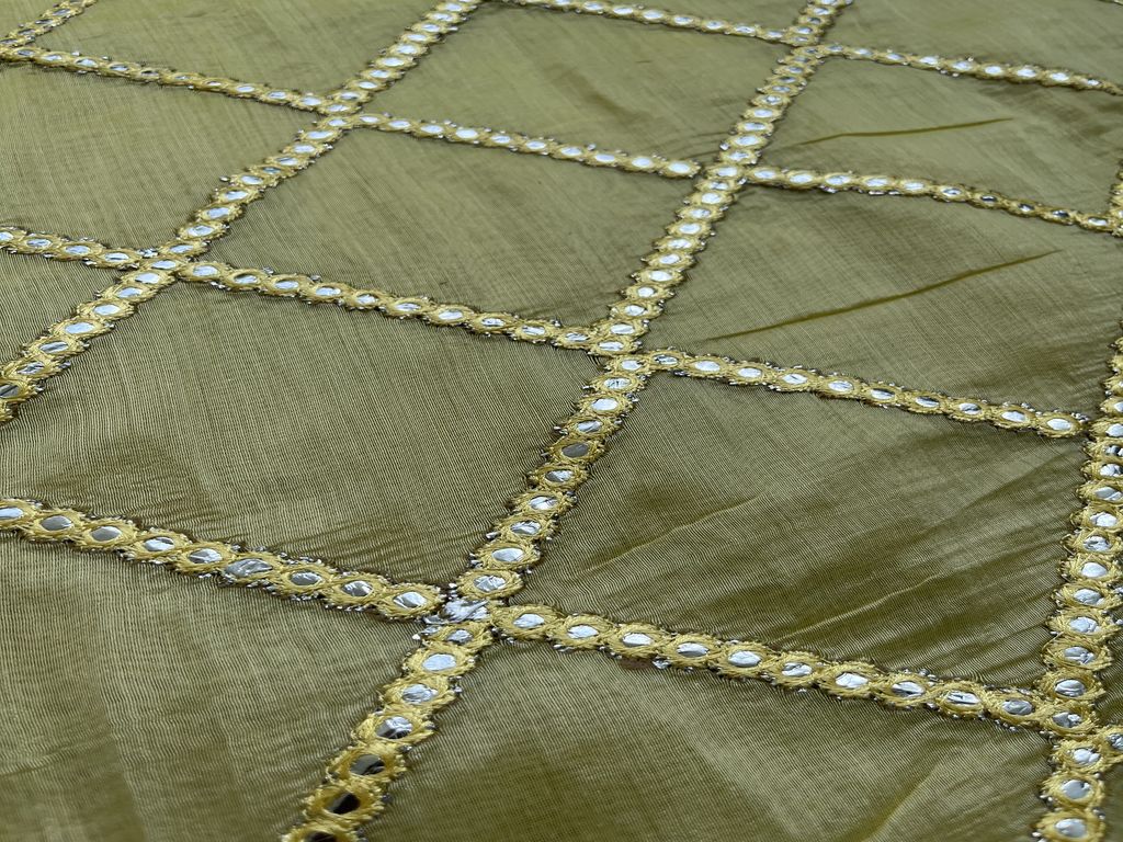 Olive Green Stripes Faux Mirror Work Embroidered Chanderi Fabric