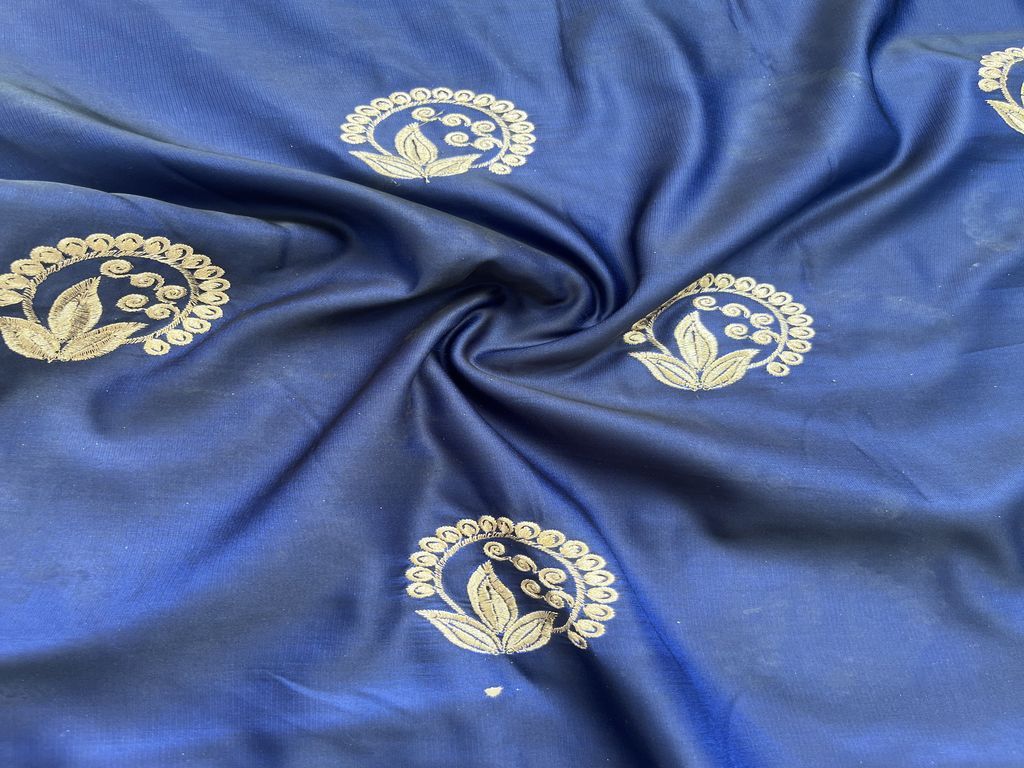 Blue Motifs Embroidered Taffeta Silk Fabric