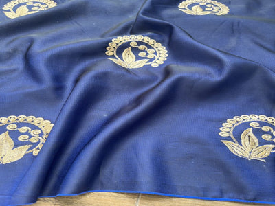 Blue Motifs Embroidered Taffeta Silk Fabric