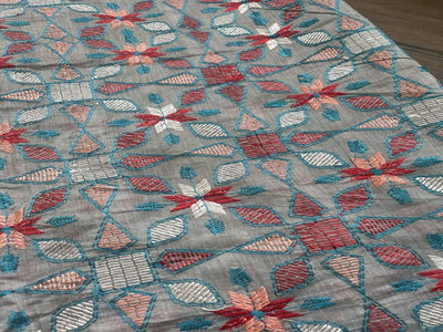 Gray Traditional Kantha Embroidered Chanderi Fabric (Wholesale)