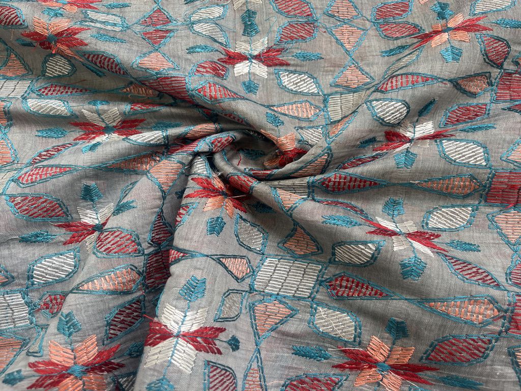 Gray Traditional Kantha Embroidered Chanderi Fabric (Wholesale)