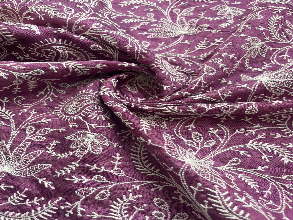 Mauve Purple Floral Lakhnawi Embroidered Chanderi Fabric (wholesale)