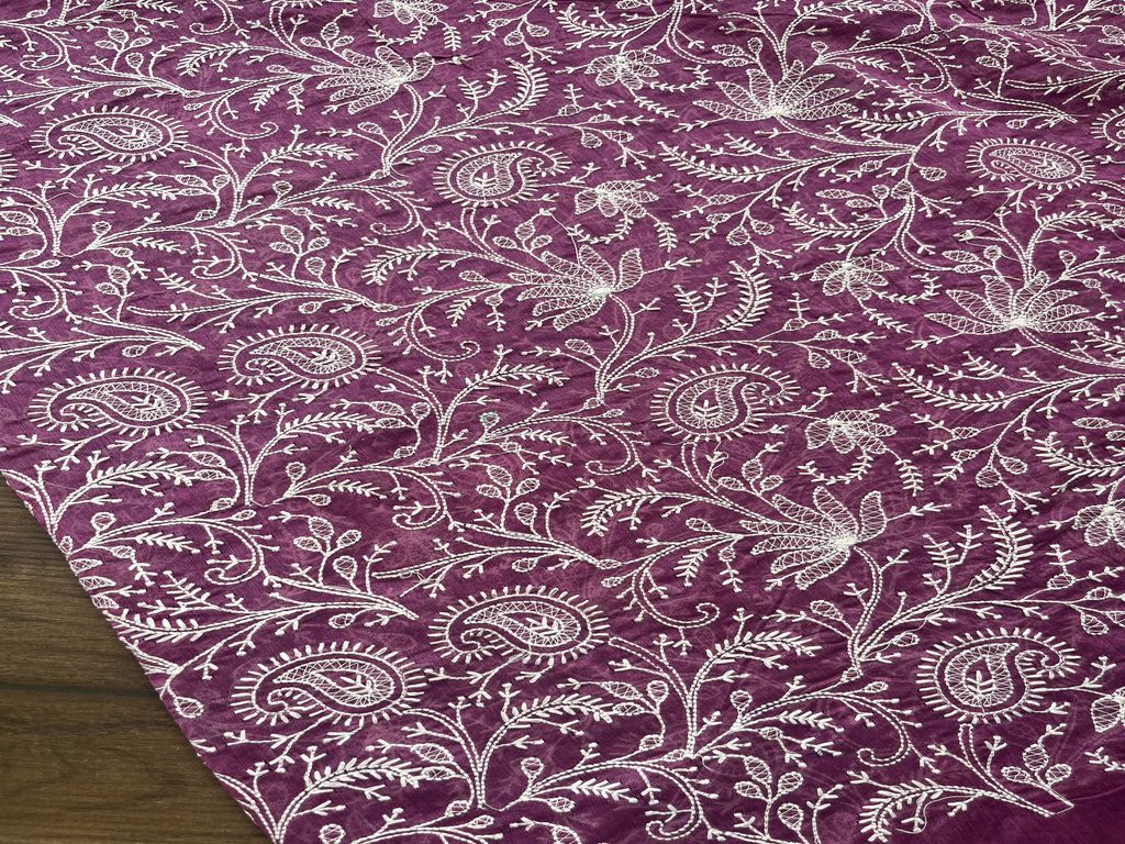 Mauve Purple Floral Lakhnawi Embroidered Chanderi Fabric (wholesale)