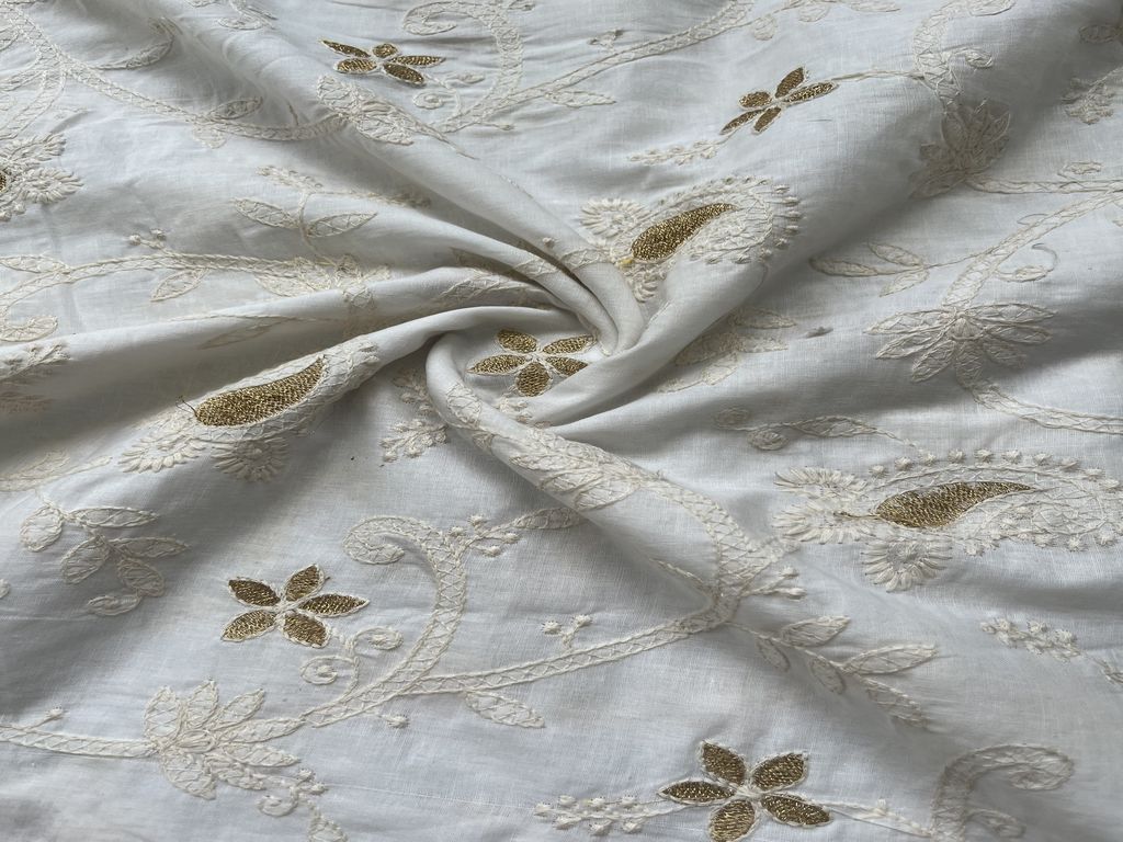 White Traditional Dyeable Chikankari Embroidered Cotton Fabric