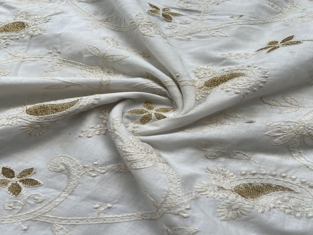 White Floral Dyeable Chikankari Embroidered Cotton Fabric (Wholesale)