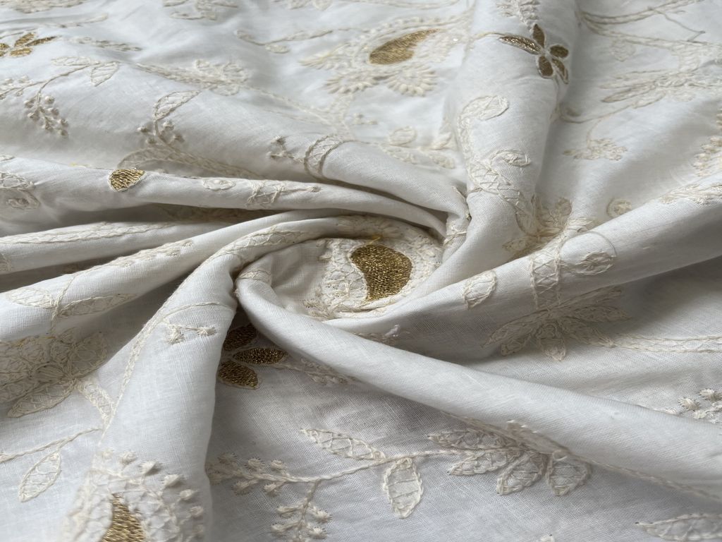 White Traditional Dyeable Chikankari Embroidered Cotton Fabric