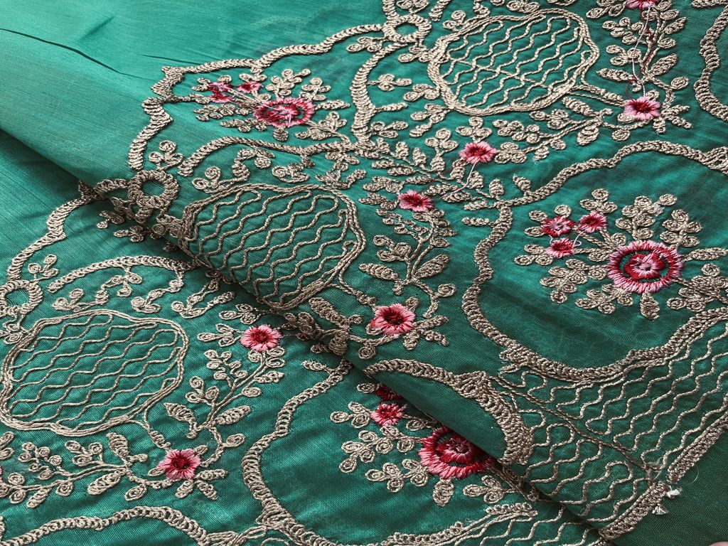 Persian Green Traditional Dori Border Embroidered Chanderi Fabric