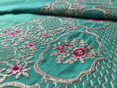 Persian Green Traditional Dori Border Embroidered Chanderi Fabric