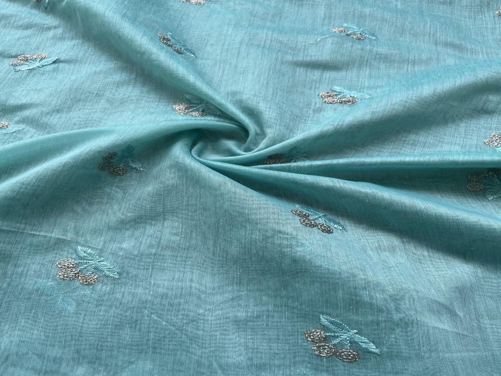 Blue Floral Sequins Embroidered Chanderi Fabric (wholesale)