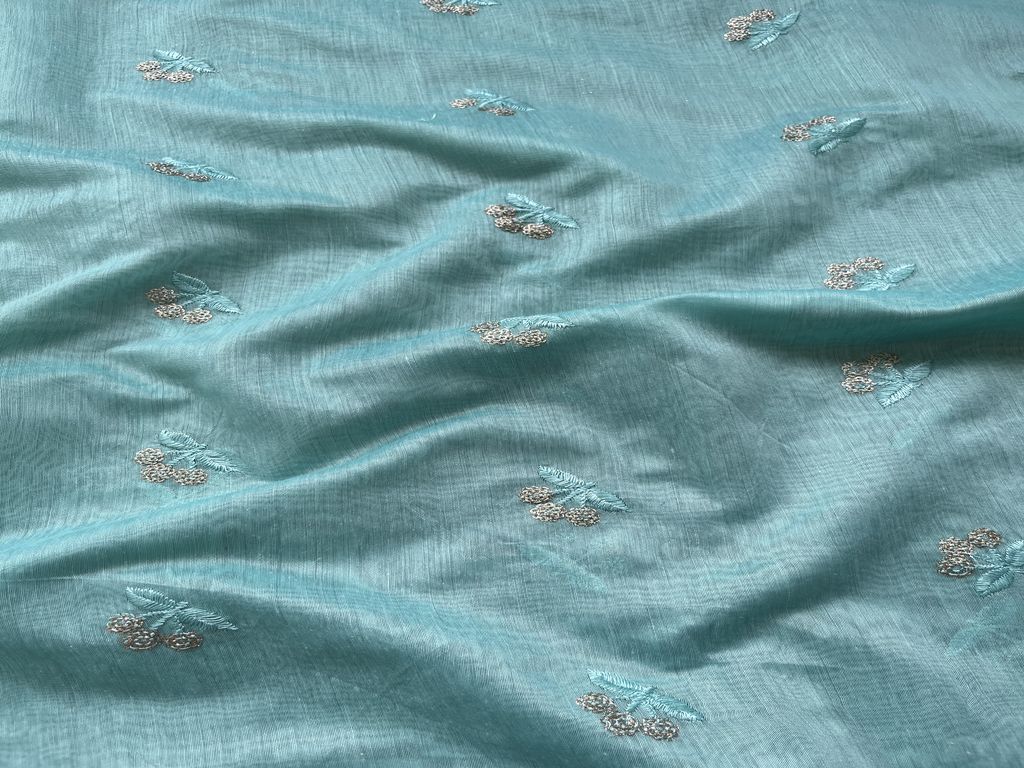 Baby Blue Motifs Sequins Embroidered Chanderi Fabric