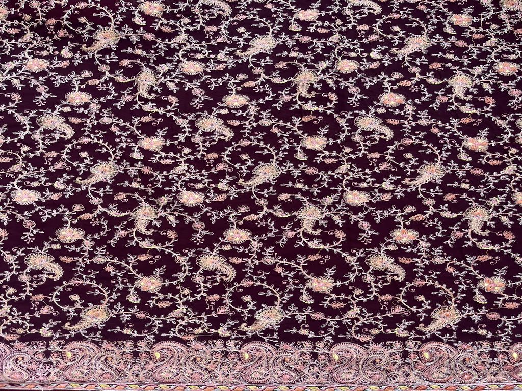 Dark Wine Floral Heavy Embroidered Kashmiri Georgette Fabric