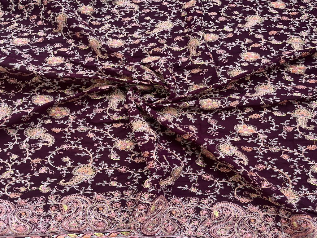 Dark Wine Floral Heavy Embroidered Kashmiri Georgette Fabric