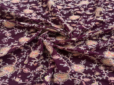 Dark Wine Floral Heavy Embroidered Kashmiri Georgette Fabric