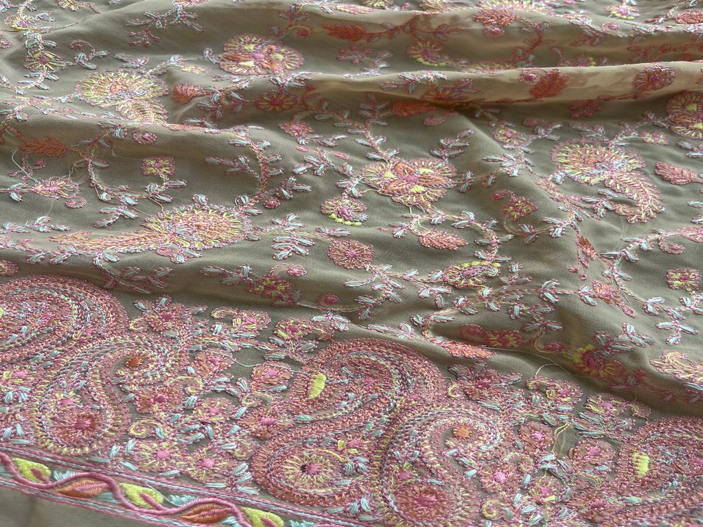 Beige Traditional Heavy Embroidered Kashmiri Work Georgette Fabric (Wholesale)