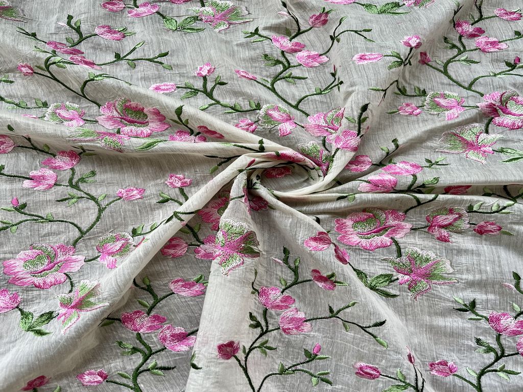 Off-white Floral Motifs Embroidered Chanderi Fabric (Wholesale)