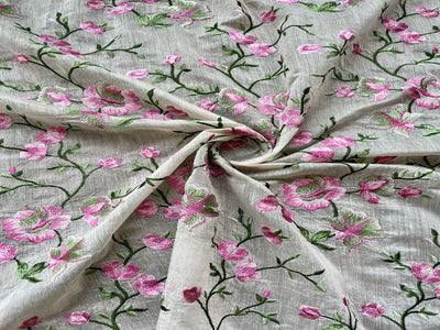 Off-white Floral Motifs Embroidered Chanderi Fabric (Wholesale)