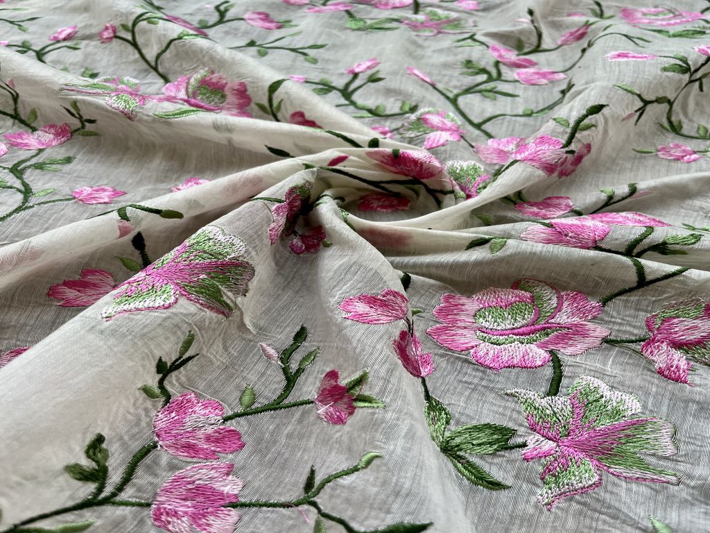 Off-white Floral Motifs Embroidered Chanderi Fabric (Wholesale)