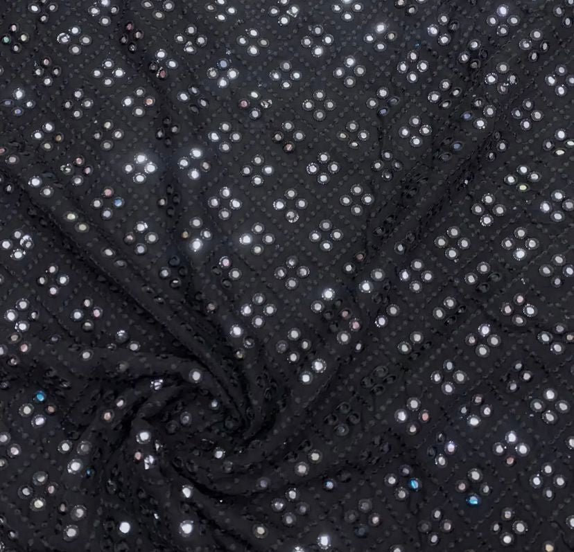 Black Geometric Mirror Embroidered Viscose Georgette Fabric (Wholesale)