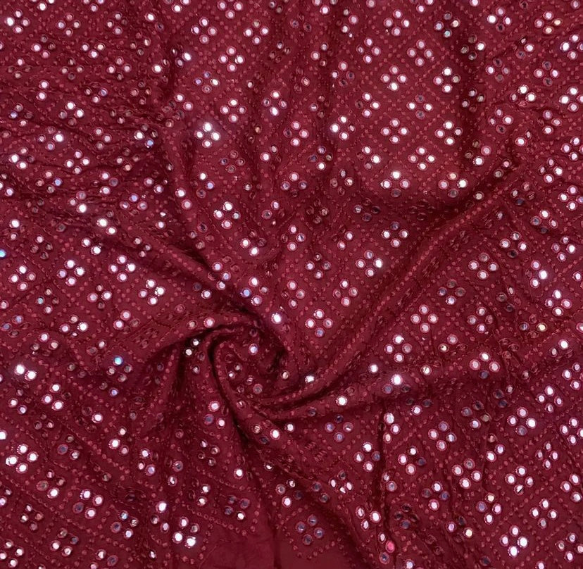 Maroon Geometric Mirror Embroidered Viscose Georgette Fabric (Wholesale)