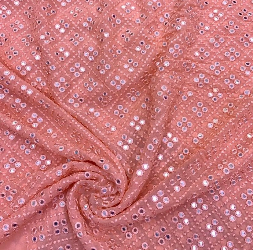 Georgia Peach Geometric Mirror Embroidered Viscose Georgette Fabric (Wholesale)