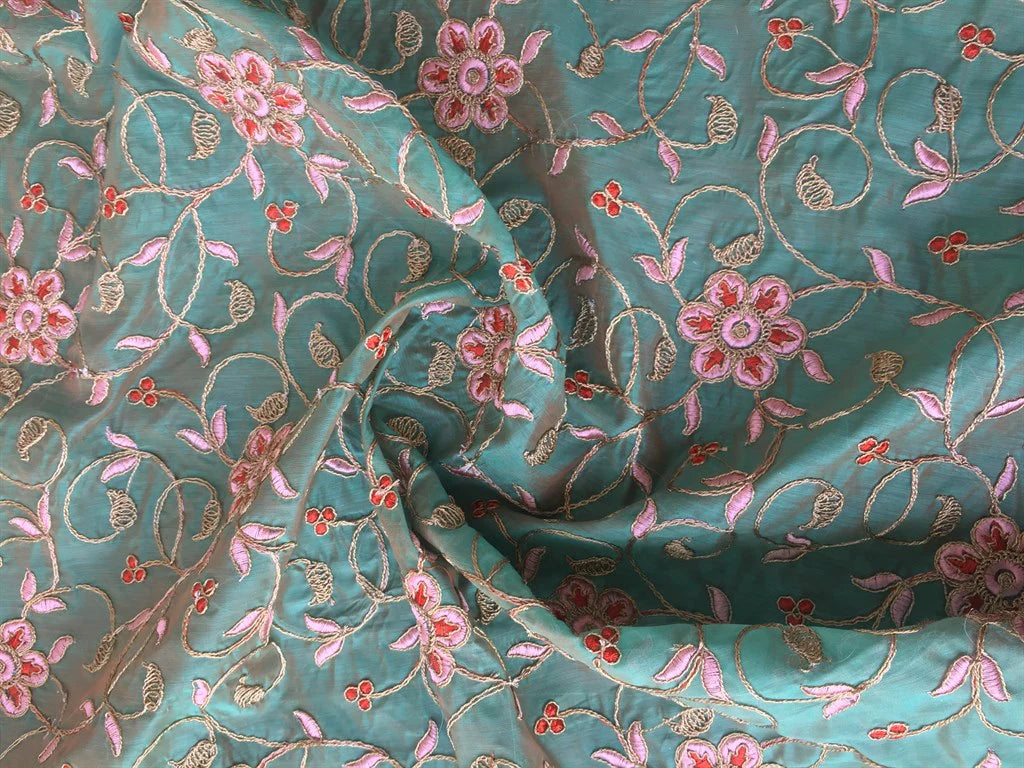 Multicolor Floral Dori Thread Embroidered Chanderi Silk Fabric (Wholesale)