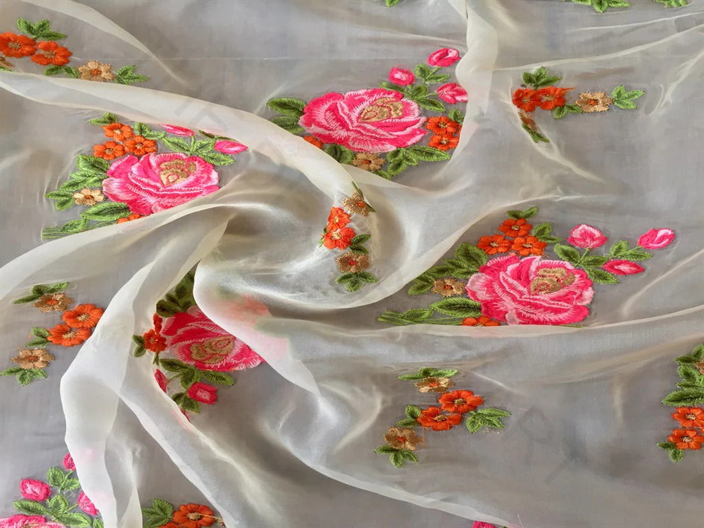 White & Pink Floral Organza Fabric (Wholesale)