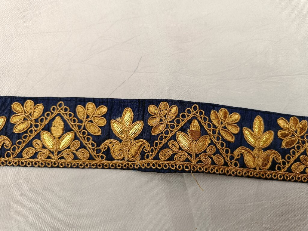 Navy Blue & Golden Gota Zari Chord Embroidered Border