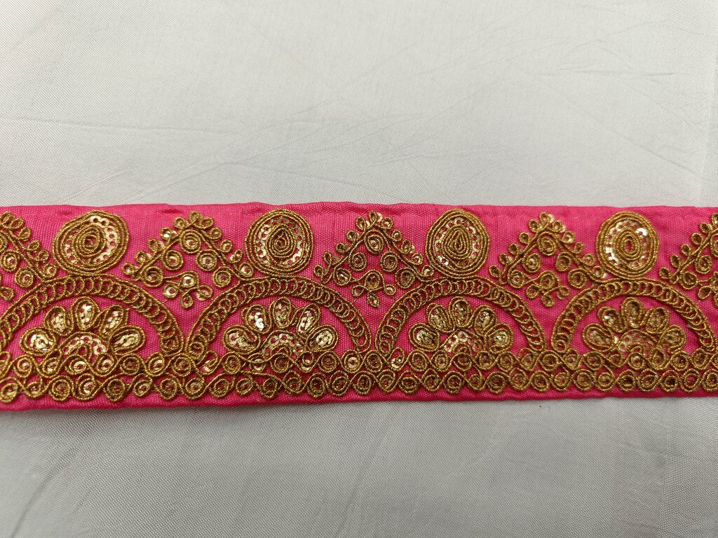 Hot Pink & Golden Chord Sequins Embroidered Border