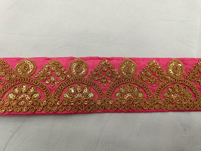 Hot Pink & Golden Chord Sequins Embroidered Border