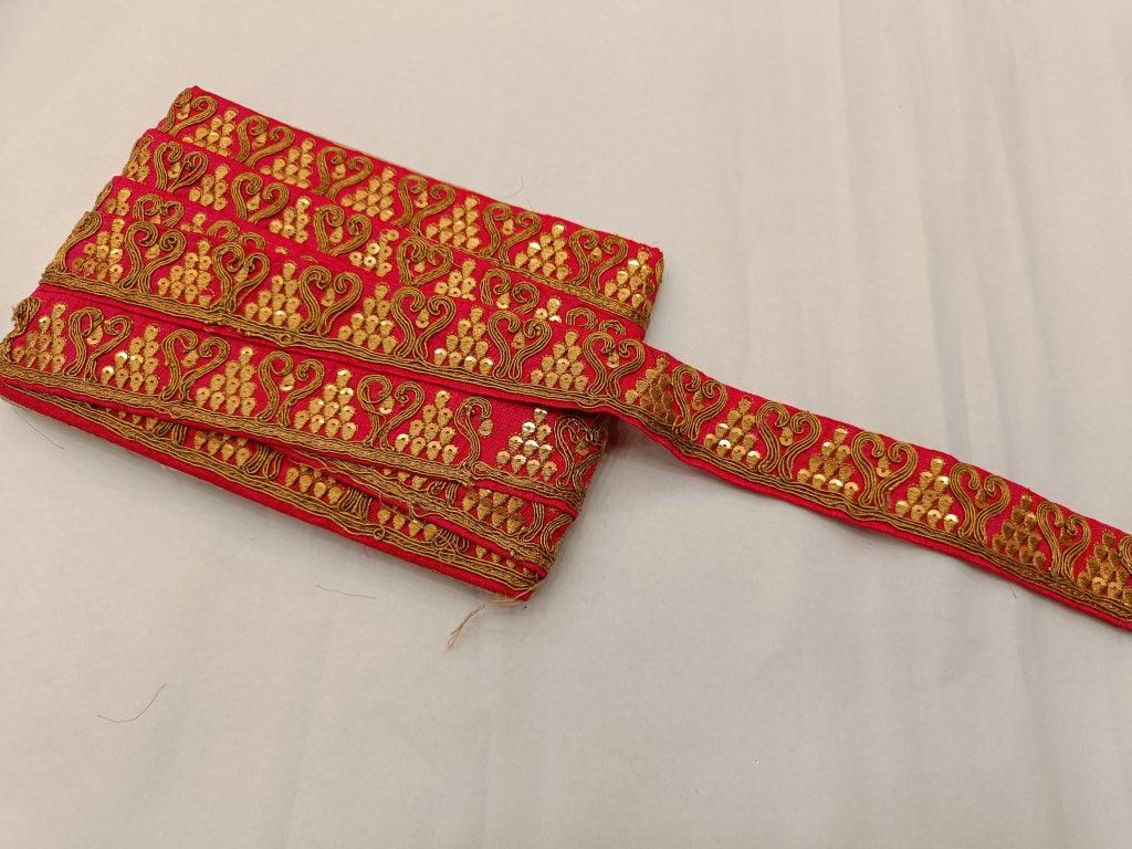 Red & Golden Zari, Sequins & Chord Embroidered Border