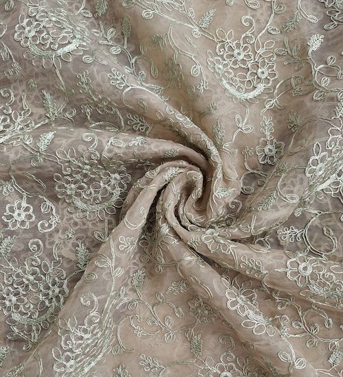 Pitta Work Embroidered Pale Brown Organza