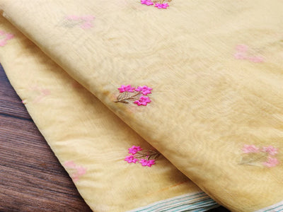 Yellow & Pink Floral Embroidered Chanderi Silk Fabric (Wholesale)