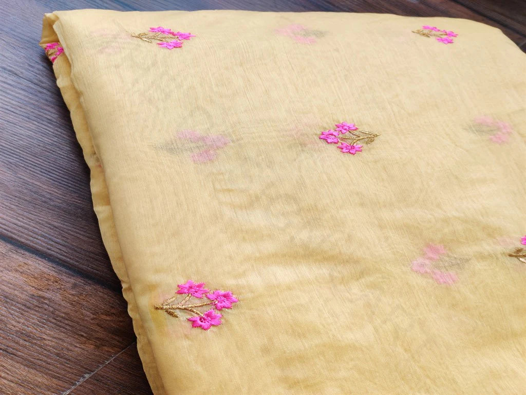 Yellow & Pink Floral Embroidered Chanderi Silk Fabric (Wholesale)