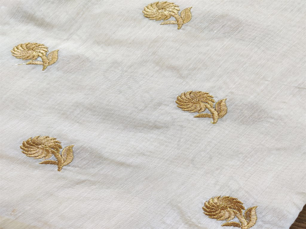 Off White & Golden Motifs Embroidered Chanderi Silk Fabric (Wholesale)