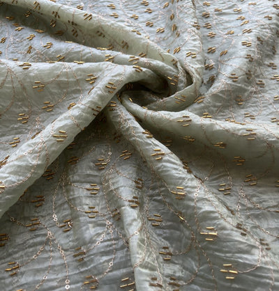 White & Golden Motifs Beads And Sequins Hand Embroidered Pastel Green Crushed Tissue Silk Fabric