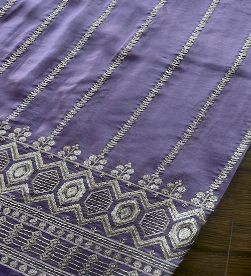 Purple & White Traditional Crushed  With Silver Hand Embroidered Beads And Sequins Work Glass Tissue Silk Fabric