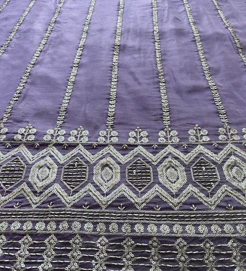 Purple & White Traditional Crushed  With Silver Hand Embroidered Beads And Sequins Work Glass Tissue Silk Fabric