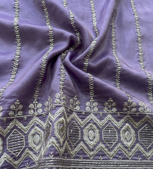 Purple & White Traditional Crushed  With Silver Hand Embroidered Beads And Sequins Work Glass Tissue Silk Fabric