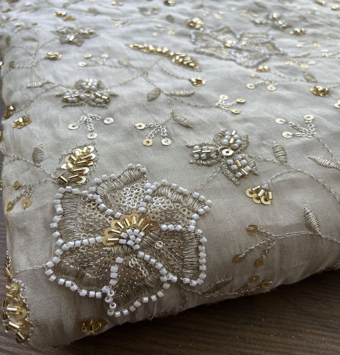 White Traditional Hand Embroidered With Beads And Sequins On Dyeable Golden Tissue Silk Fabric